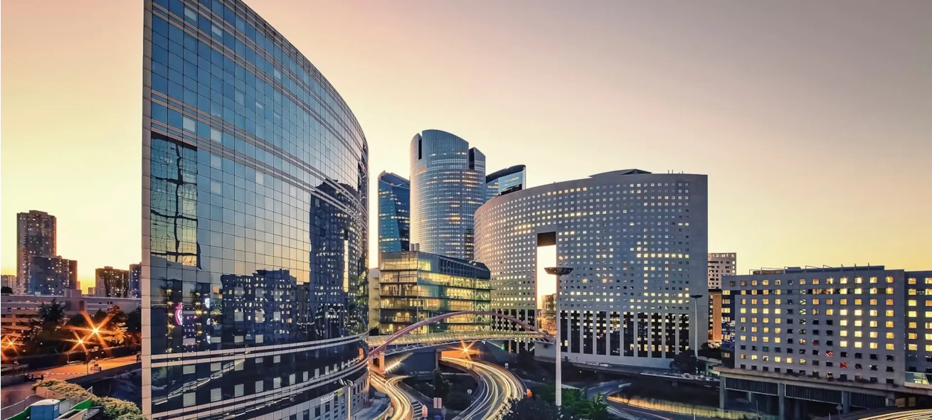 buildings and city skyline at sunset