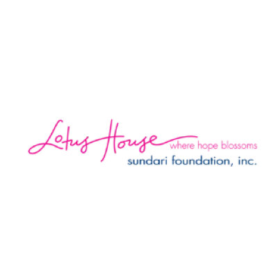 Logo with pink script text Lotus House and blue...